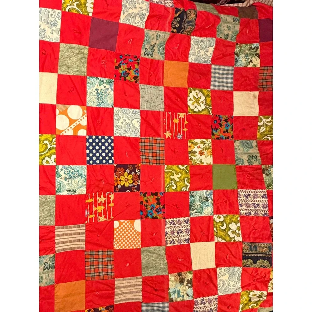 Vintage Handmade Patchwork Tied Quilt Red Floral Plaid Farmhouse Throw Blanket